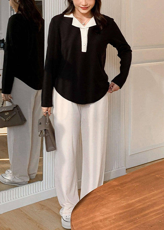 Loose Black Peter Pan CollarTops And Apricot Pants Cotton Two Pieces Set Fall