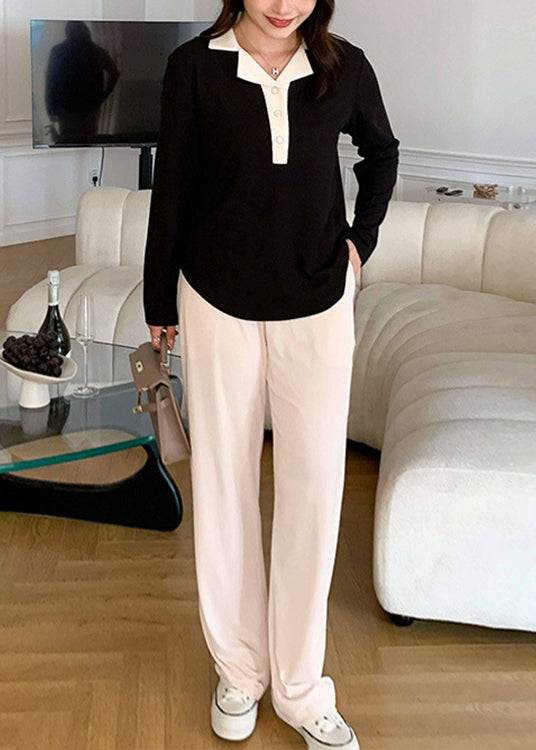 Loose Black Peter Pan CollarTops And Apricot Pants Cotton Two Pieces Set Fall