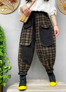Loose Black Pockets Plaid denim Pants Spring