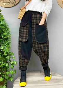 Loose Black Pockets Plaid denim Pants Spring