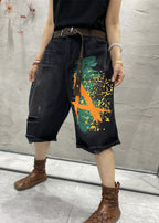 Loose Black Print High Waist Denim Ripped Shorts Summer