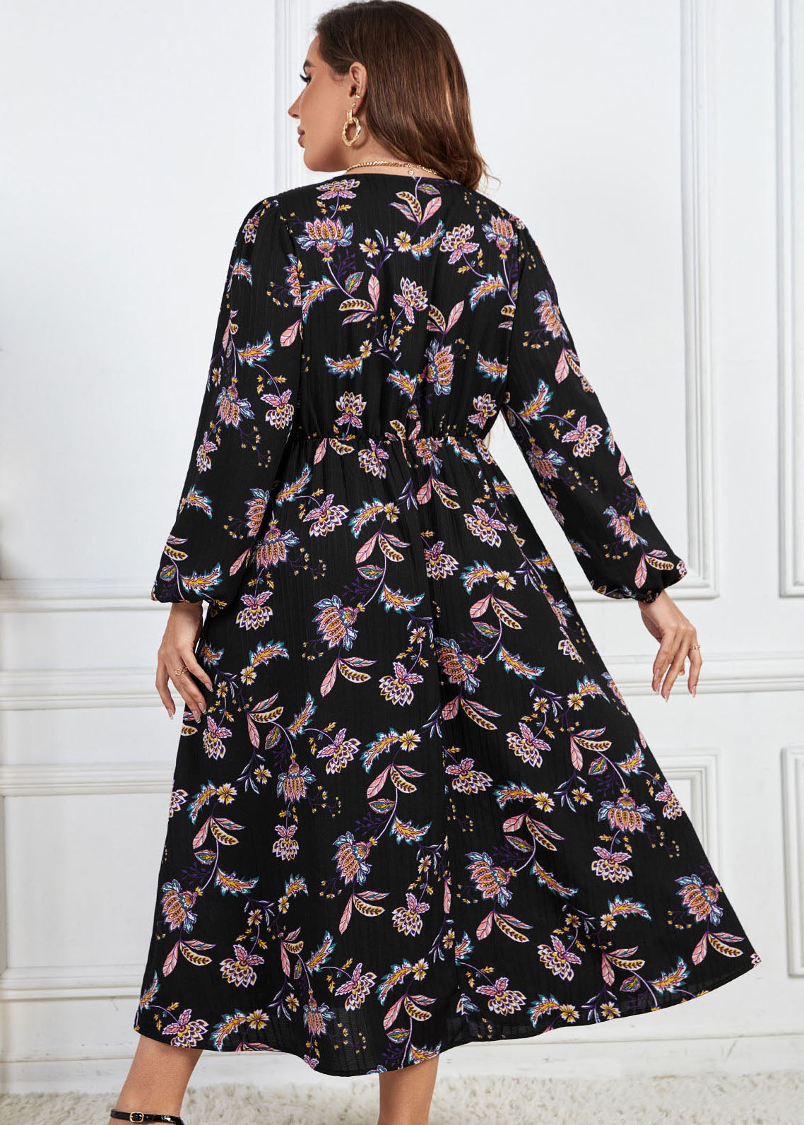 Loose Black Print Wrinkled Patchwork Cotton Dresses Fall