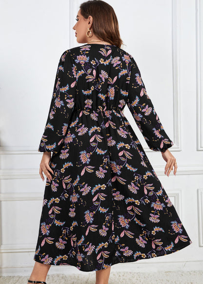 Loose Black Print Wrinkled Patchwork Cotton Dresses Fall