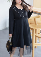Loose Black Square Neck Tulle Patchwork Dresses Fall