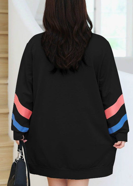 Loose Black Stand Collar Zip Up Patchwork Cotton Sweatshirt Tops Fall