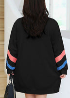 Loose Black Stand Collar Zip Up Patchwork Cotton Sweatshirt Tops Fall