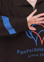 Loose Black Stand Collar Zip Up Patchwork Cotton Sweatshirt Tops Fall