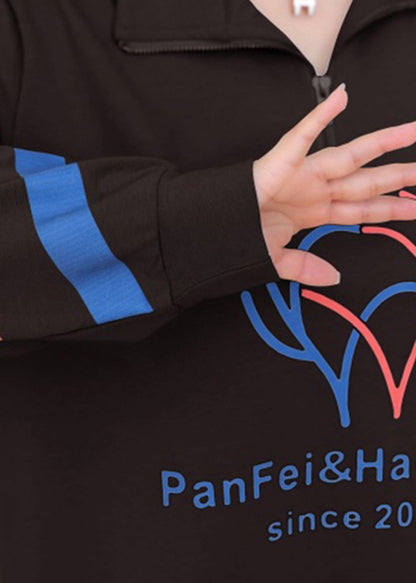 Loose Black Stand Collar Zip Up Patchwork Cotton Sweatshirt Tops Fall