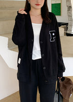 Loose Black V Neck Button Patchwork Cotton Cardigan Fall