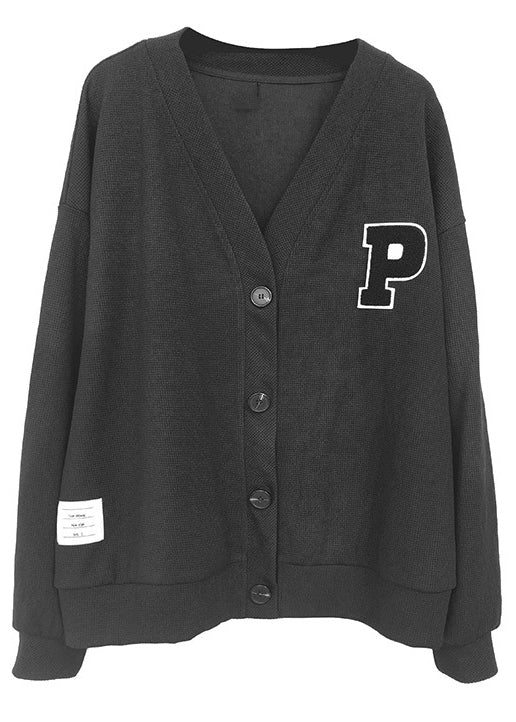Loose Black V Neck Button Patchwork Cotton Cardigan Fall