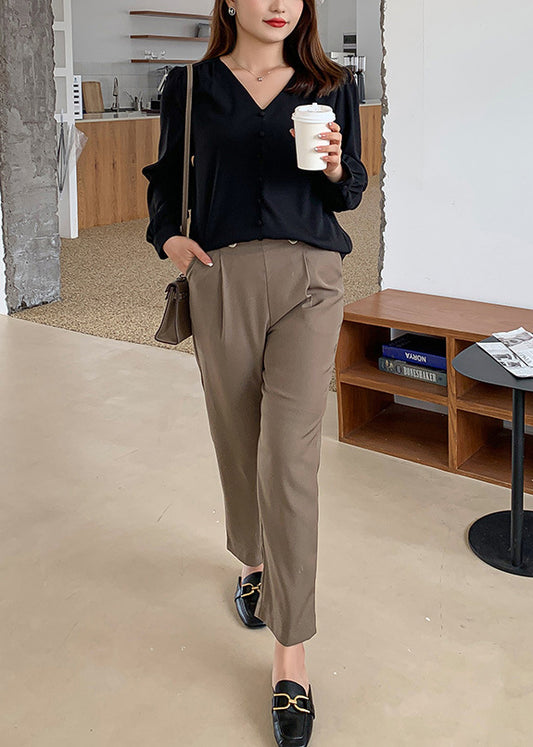 Loose Black V Neck Chiffon Tops And Coffee Crop Pants Two Pieces Set Fall
