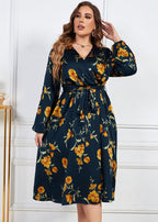 Loose Black V Neck Print Tie Waist Wrinkled Chiffon Dress Fall