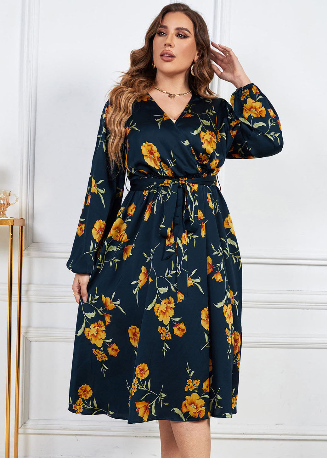 Loose Black V Neck Print Tie Waist Wrinkled Chiffon Dress Fall