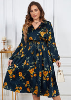 Loose Black V Neck Print Tie Waist Wrinkled Chiffon Dress Fall