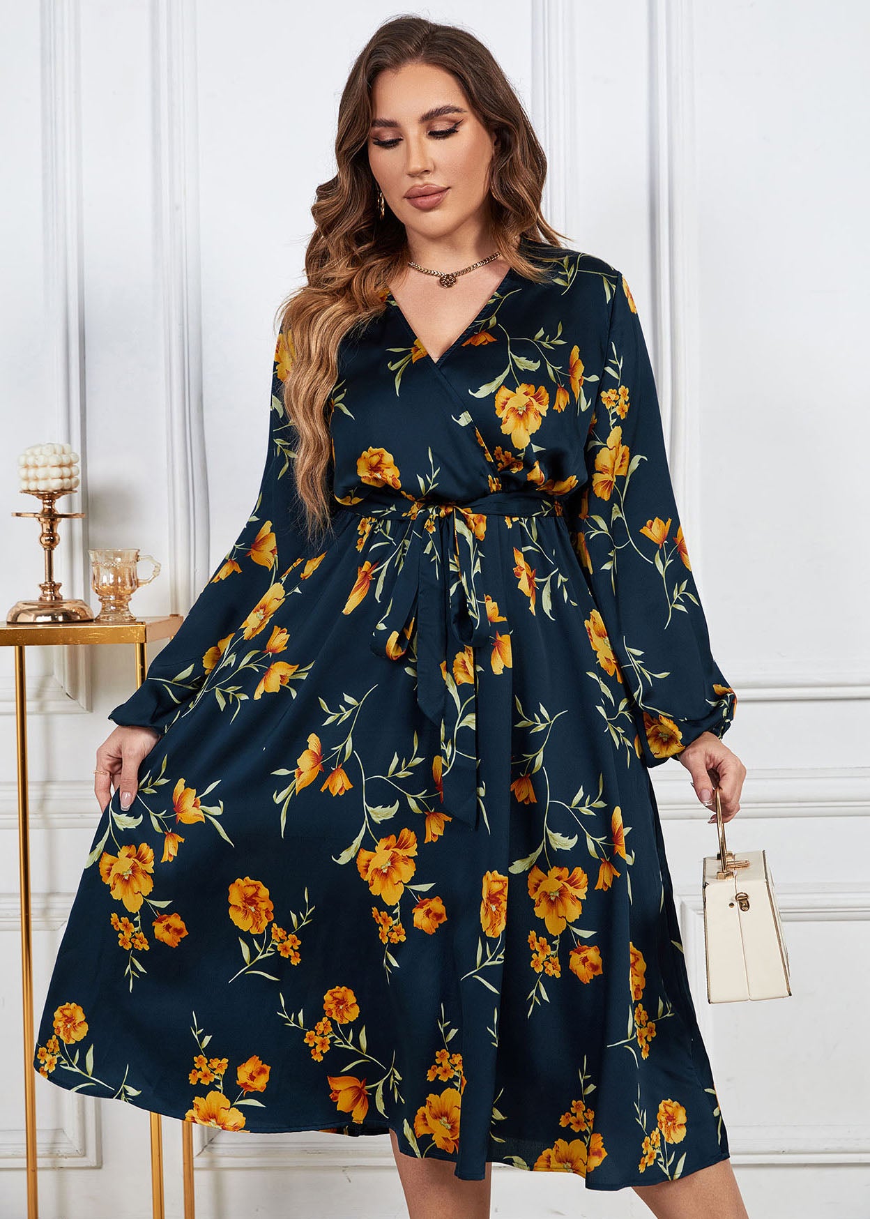 Loose Black V Neck Print Tie Waist Wrinkled Chiffon Dress Fall