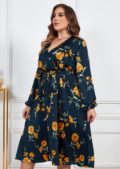 Loose Black V Neck Print Tie Waist Wrinkled Chiffon Dress Fall