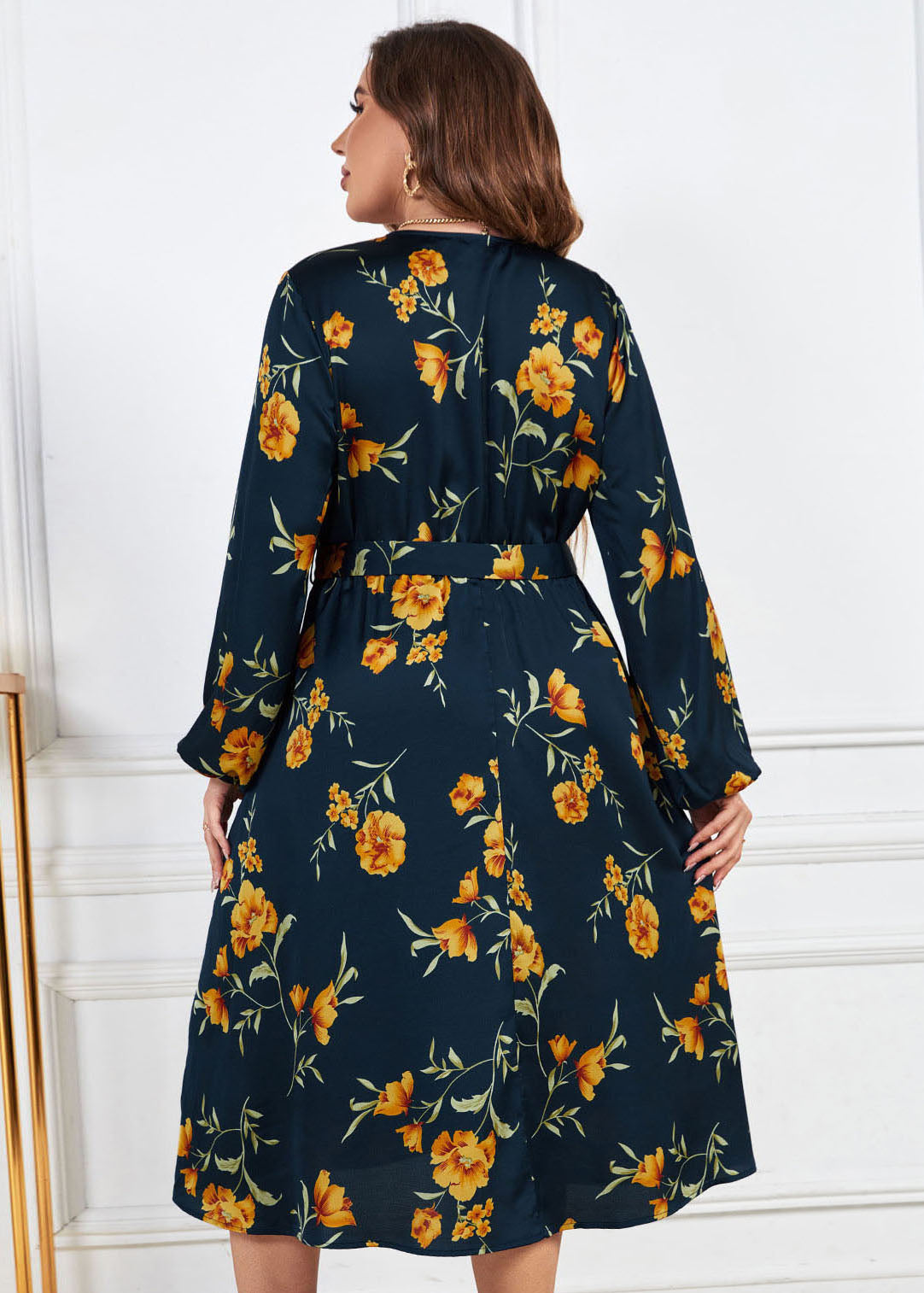 Loose Black V Neck Print Tie Waist Wrinkled Chiffon Dress Fall