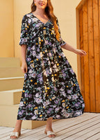 Loose Black V Neck Print Wrinkled Cotton Dress Summer