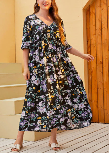 Loose Black V Neck Print Wrinkled Cotton Dress Summer