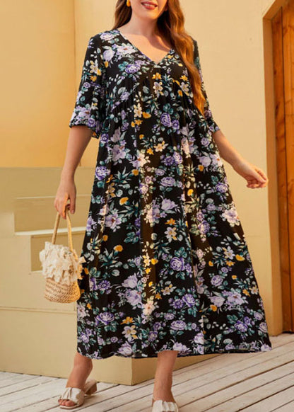 Loose Black V Neck Print Wrinkled Cotton Dress Summer