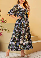 Loose Black V Neck Print Wrinkled Cotton Dress Summer