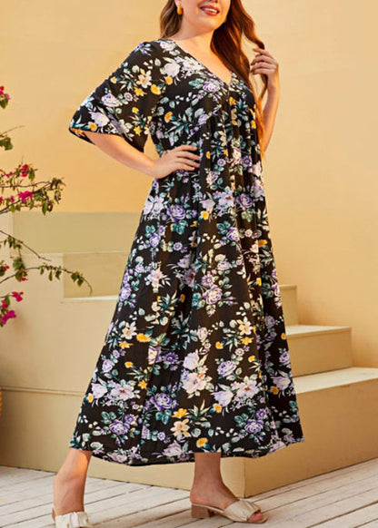 Loose Black V Neck Print Wrinkled Cotton Dress Summer