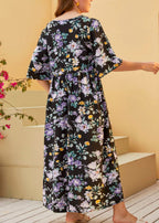 Loose Black V Neck Print Wrinkled Cotton Dress Summer