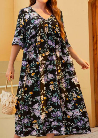 Loose Black V Neck Print Wrinkled Cotton Dress Summer