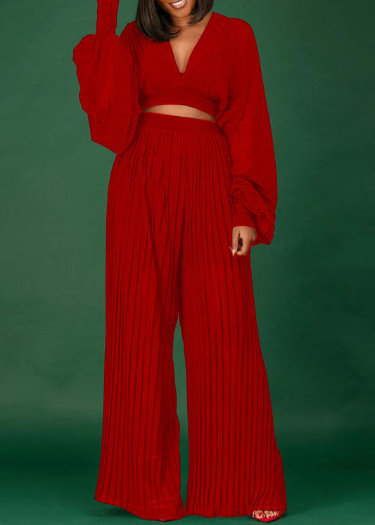 Loose Black V Neck Wrinkled Chiffon Tops And Wide Leg Pants Two Piece Set Fall