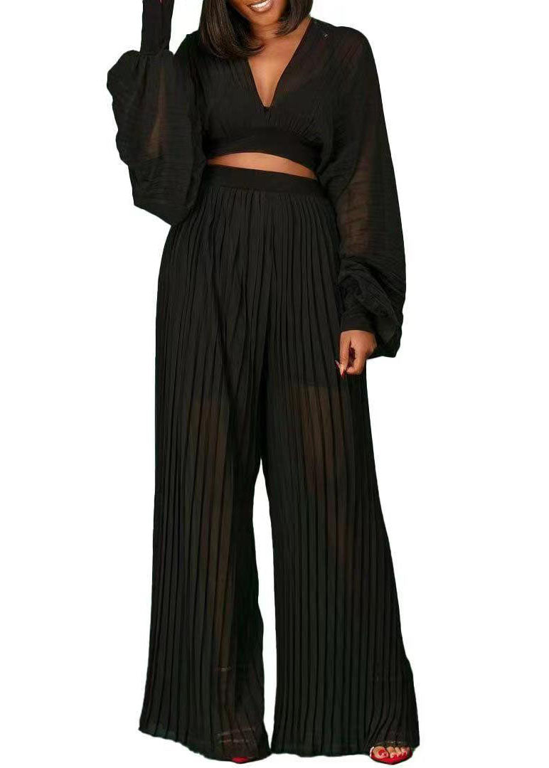 Loose Black V Neck Wrinkled Chiffon Tops And Wide Leg Pants Two Piece Set Fall