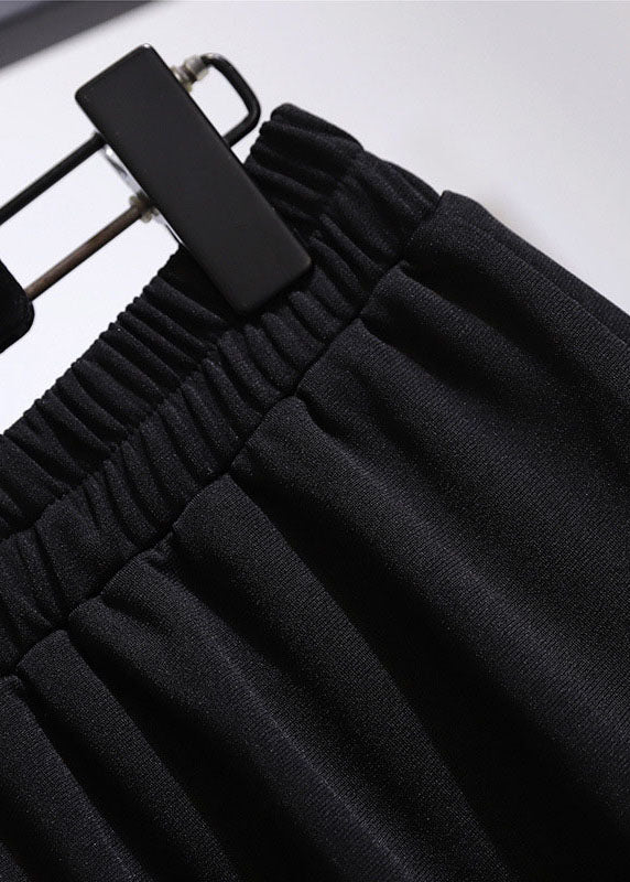 Loose Black Wrinkled Front Open Patchwork Cotton A Iine Skirts Fall