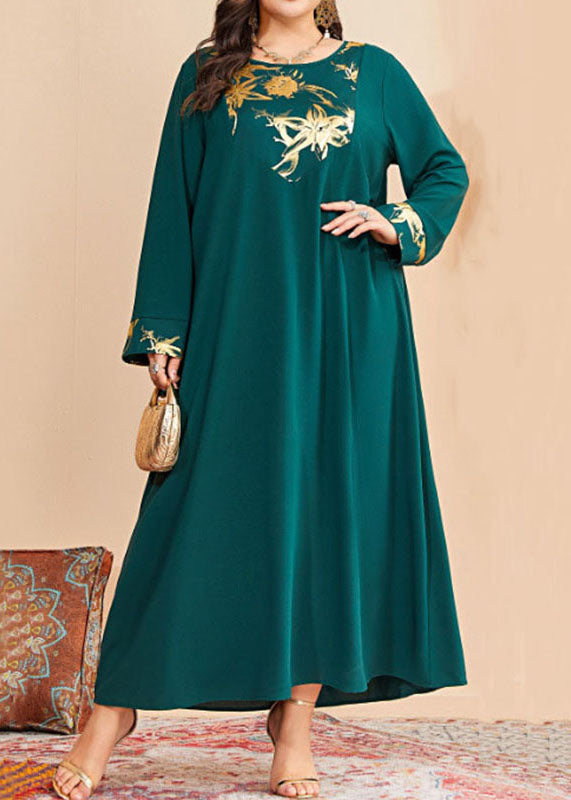 Loose Blackish Green O Neck Print Patchwork Cotton Long Dresses Fall