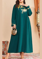 Loose Blackish Green O Neck Print Patchwork Cotton Long Dresses Fall