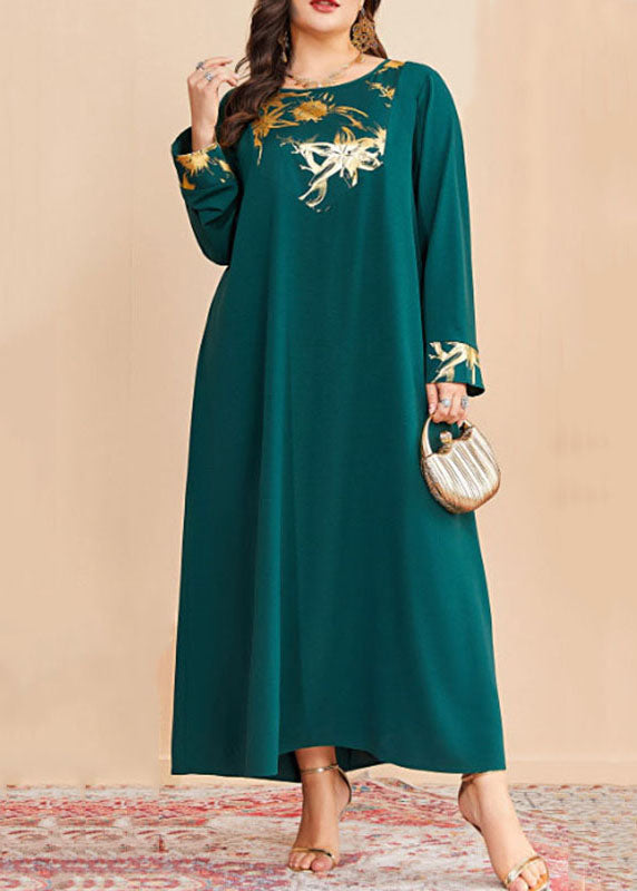 Loose Blackish Green O Neck Print Patchwork Cotton Long Dresses Fall