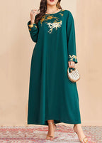 Loose Blackish Green O Neck Print Patchwork Cotton Long Dresses Fall