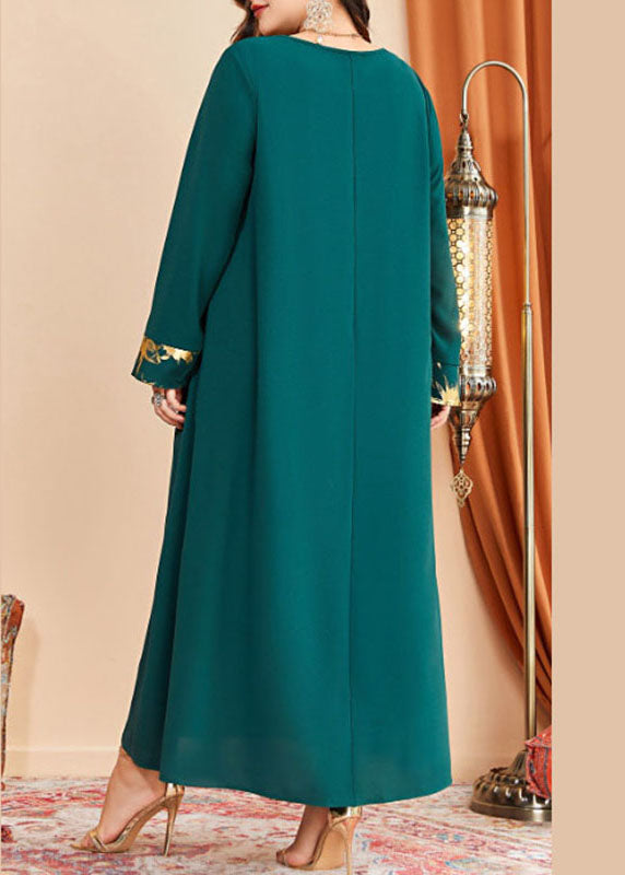 Loose Blackish Green O Neck Print Patchwork Cotton Long Dresses Fall