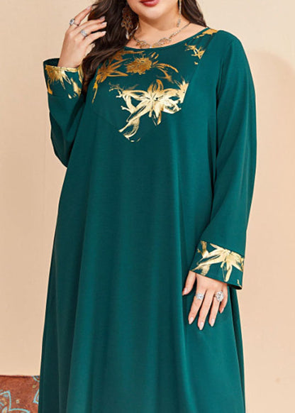 Loose Blackish Green O Neck Print Patchwork Cotton Long Dresses Fall