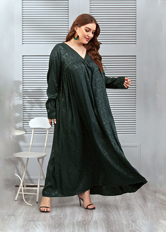 Loose Blackish Green V Neck Jacquard Patchwork Silk Dresses Fall