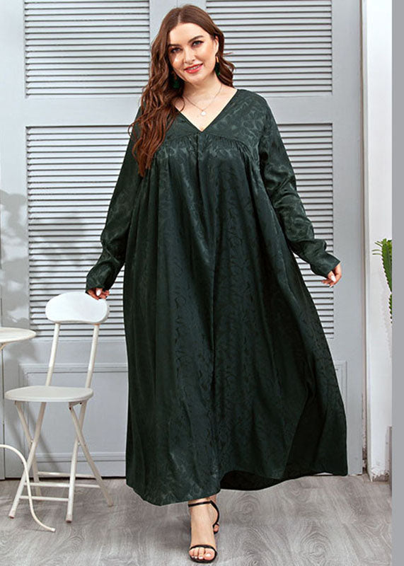 Loose Blackish Green V Neck Jacquard Patchwork Silk Dresses Fall