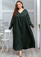 Loose Blackish Green V Neck Jacquard Patchwork Silk Dresses Fall