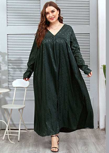 Loose Blackish Green V Neck Jacquard Patchwork Silk Dresses Fall