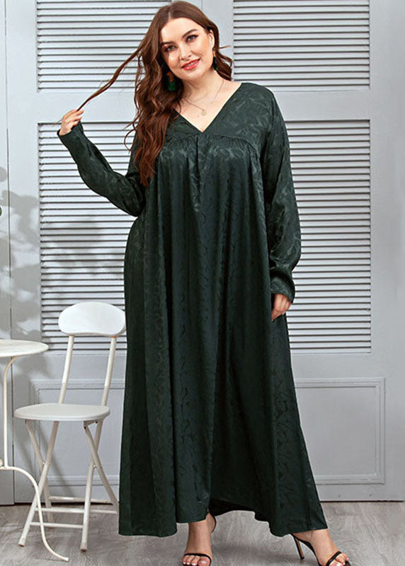 Loose Blackish Green V Neck Jacquard Patchwork Silk Dresses Fall