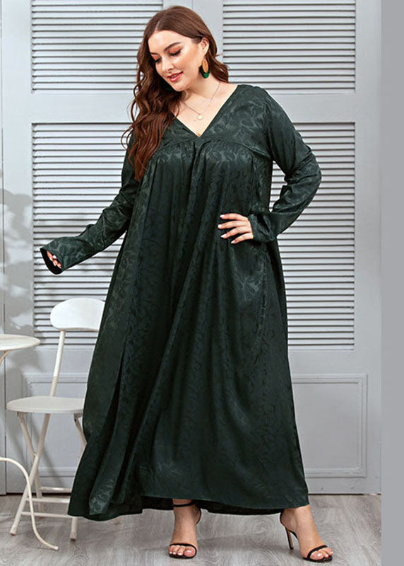 Loose Blackish Green V Neck Jacquard Patchwork Silk Dresses Fall