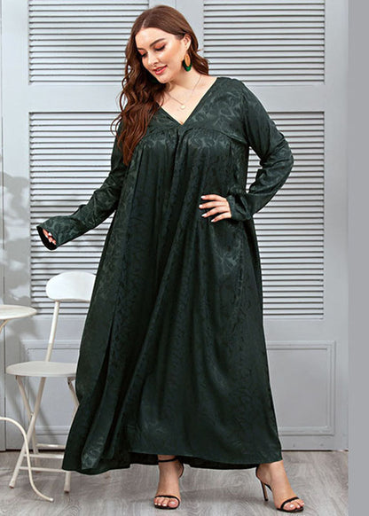 Loose Blackish Green V Neck Jacquard Patchwork Silk Dresses Fall