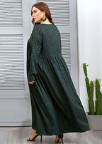 Loose Blackish Green V Neck Jacquard Patchwork Silk Dresses Fall