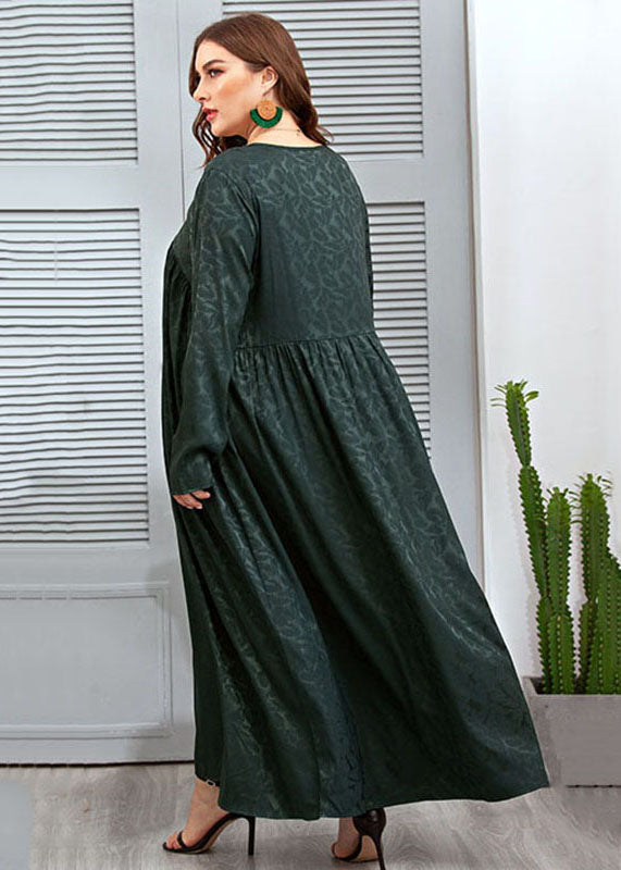 Loose Blackish Green V Neck Jacquard Patchwork Silk Dresses Fall