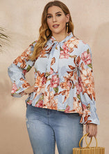 Load image into Gallery viewer, Loose Blue Bow Print Wrinkled Patchwork Chiffon Tops Flare Sleeve