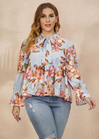 Loose Blue Bow Print Wrinkled Patchwork Chiffon Tops Flare Sleeve