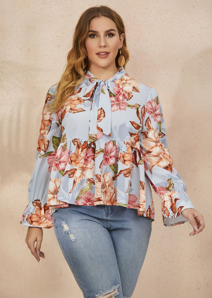 Loose Blue Bow Print Wrinkled Patchwork Chiffon Tops Flare Sleeve