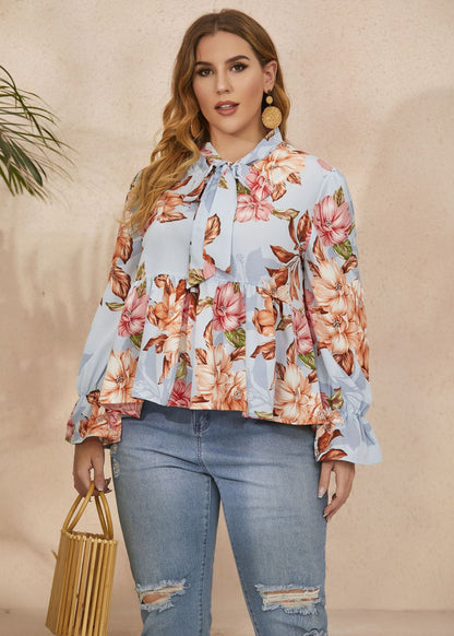 Loose Blue Bow Print Wrinkled Patchwork Chiffon Tops Flare Sleeve